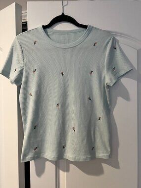 Like New American Eagle Blue Floral Embroidered Tee - Size Large